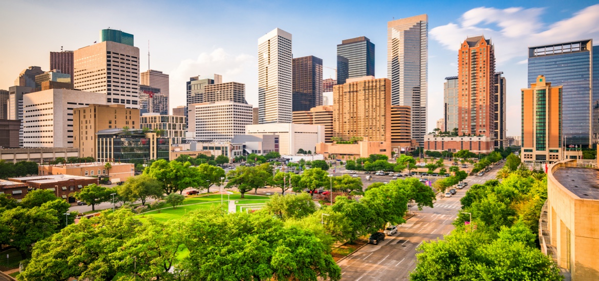 Houston, Texas, USA downtown city skyline over Root Square