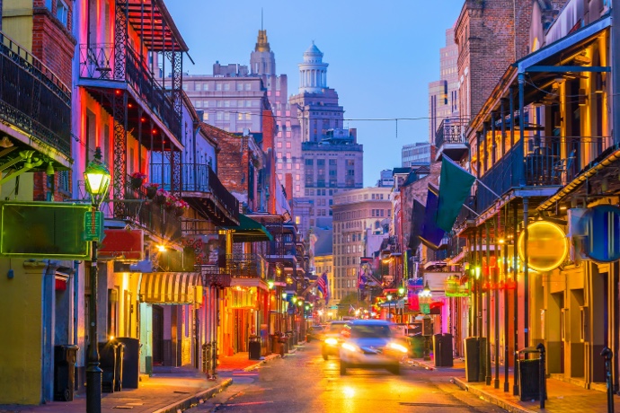 Pubs and bars with neon lights in the French Quarter, New Orleans USA