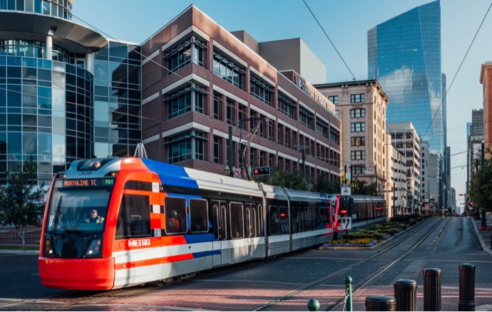 Houston Metro train travels down Main Street in Houston Texas